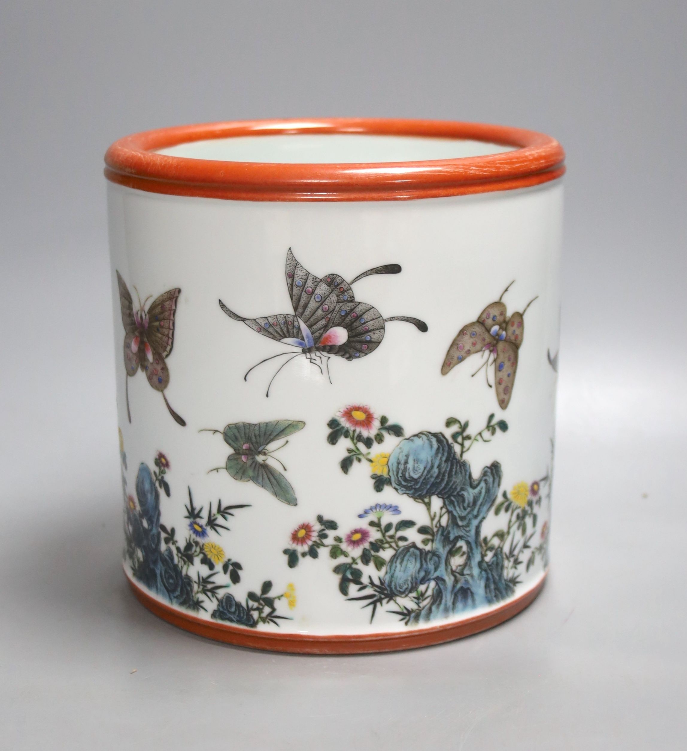 A Chinese famille rose brush pot, Yongzheng seal mark, 20th century, 7.25in. (18.3cm)